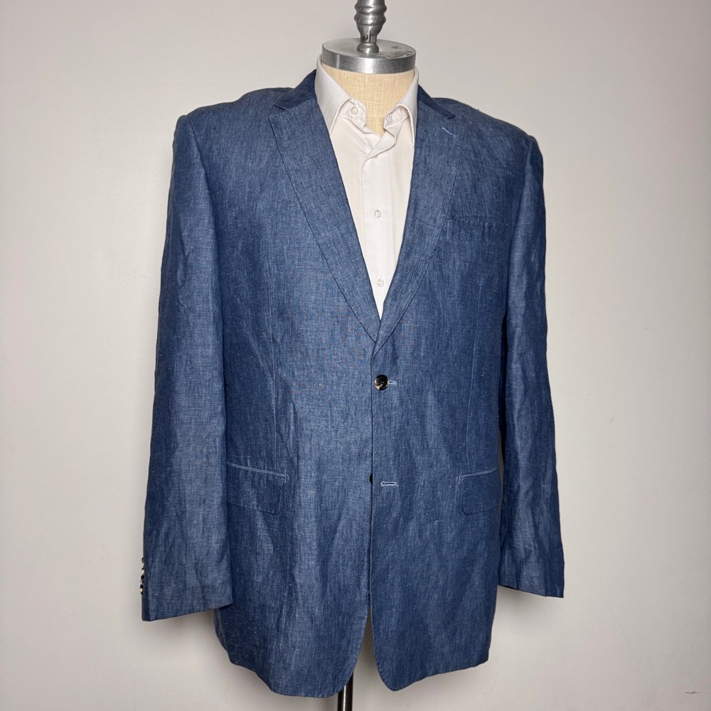 Enzo Tovare Blazer Mens 48L Blue Solid Linen Two Button Double Vent Italy